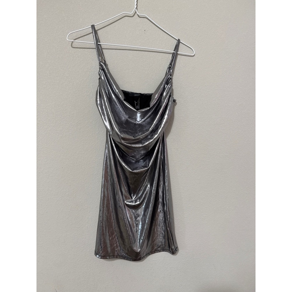 Forever 21 Metallic Silver Cowl Neck Slip Mini Dress Small Y2K Slinky Retro